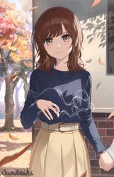 Rule 34 | 1boy, 1girl, artist name, autumn leaves, belt, black shirt, brown eyes, brown hair, brown skirt, cigarette, closed mouth, highres, holding, holding cigarette, holding hands, jewelry, junshiki, leaf, long hair, long sleeves, looking at viewer, necklace, original, shirt, skirt, smile, smoke, smoking, tree, watch, white shirt, wristwatch