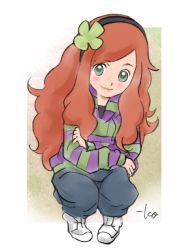 Rule 34 | 1girl, 4chan, bad id, bad twitter id, clover, clover hair ornament, denim, freckles, green eyes, hair ornament, hairband, hood, hoodie, jeans, kneeling, long hair, orange hair, pants, red hair, shoes, signature, smile, solo, striped clothes, striped sweater, sweater, takeuchi kou, vivian james