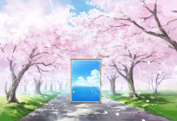 Rule 34 | cherry blossoms, cloud, commentary request, day, fantasy, grass, highres, light rays, nature, nezuminezumi, no humans, ocean, original, outdoors, portal (object), road, scenery, spring (season), tree