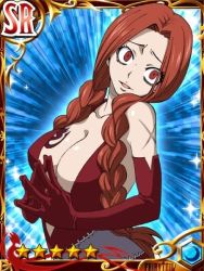 Rule 34 | 1girl, braid, breast tattoo, breasts, card (medium), cleavage, crazy eyes, curvy, dress, elbow gloves, fairy tail, female focus, flare corona, gloves, large breasts, long hair, looking at viewer, low twintails, matching hair/eyes, official art, red dress, red eyes, red gloves, red hair, scar, shiny skin, smile, solo, standing, tattoo, twin braids, twintails