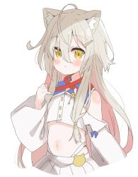 Rule 34 | 1girl, ahoge, animal ear fluff, animal ears, bare shoulders, blush stickers, clothing cutout, collared shirt, copyright request, crop top, dress shirt, grey hair, hair between eyes, hair ornament, hairclip, highres, long hair, long sleeves, looking at viewer, meito (maze), navel, parted lips, pleated skirt, shirt, shoulder cutout, simple background, skirt, solo, very long hair, white background, white shirt, white skirt, wide sleeves, yellow eyes