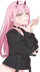 Rule 34 | black jacket, blunt bangs, choker, collarbone, commentary request, darling in the franxx, eyebrows, green eyes, highres, horns, jacket, long hair, one eye closed, pink hair, simple background, smile, strap, susukida (sususabu0710), tongue, white background, zero two (darling in the franxx)