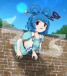 Rule 34 | 1girl, blue dress, blue eyes, blue hair, blush stickers, brick wall, day, dress, from below, hagoromo, hair ornament, hair rings, hair stick, kaku seiga, looking to the side, open clothes, open vest, outdoors, parted lips, puffy short sleeves, puffy sleeves, shawl, short hair, short sleeves, sky, smile, solo, squiggle, stuck, through wall, touhou, vest, white vest, yu (jxgg8884), zun (style)