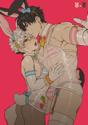 Rule 34 | 2boys, animal ears, bara, bikini, black hair, bulge, commentary request, crossdressing, giant, giant male, highres, multiple boys, muscular, muscular male, original, rabbit ears, red background, see-through, see-through silhouette, short hair, simple background, standing, swimsuit, thighhighs, thighs, trap, white hair, yaoi, yukibi (ykb)