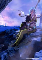 Rule 34 | 10s, 1girl, absurdres, anti-materiel rifle, aqua hair, blue eyes, bolt action, breasts, carrying over shoulder, chaps, clenched hand, cloud, cropped jacket, evening, fingerless gloves, forest, full body, gloves, glowing, gun, hair ornament, hairclip, highres, jacket, long sleeves, looking at viewer, mikazuki akira!, nature, non-web source, outdoors, pgm hecate ii, rifle, rock, scan, scan artifacts, scarf, short hair, short shorts, shorts, sinon, sitting, small breasts, sniper rifle, solo, sword art online, twilight, weapon