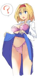 Rule 34 | 1girl, :o, ?, alice margatroid, blonde hair, blue dress, blue eyes, bra, breasts, breasts out, capelet, clothes lift, cowboy shot, dress, dress lift, hair between eyes, hairband, kamukamu (ars), large breasts, lifted by self, long sleeves, navel, open mouth, panties, pink bra, pink panties, red hairband, short hair, simple background, sketch, solo, spoken question mark, standing, stomach, strapless, strapless bra, thighs, touhou, underwear, white background, white capelet, wing collar