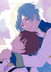 Rule 34 | 2boys, absurdres, ahoge, blue hair, brown eyes, brown hair, commentary, ensemble stars!, floral background, green eyes, hair between eyes, hand on another&#039;s head, highres, long sleeves, looking at viewer, male focus, morisawa chiaki, multiple boys, shinkai kanata, short hair, smile, teeth, upper body, white background, yaoi, yayo 15m