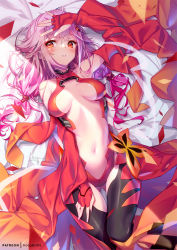 Rule 34 | 1girl, arm up, artstation username, bare shoulders, bed sheet, blush, breasts, breasts apart, center opening, collarbone, covered collarbone, detached sleeves, ears, fingerless gloves, gloves, gluteal fold, guilty crown, hair ornament, hairclip, hong (white spider), long hair, looking at viewer, low twintails, lying, medium breasts, navel, patreon username, pink hair, red eyes, signature, thigh gap, twintails, yuzuriha inori
