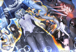 Rule 34 | 10s, 3girls, abyssal ship, battleship princess, black dress, black gloves, black hair, bodysuit, breasts, bubble, cape, covered navel, dress, covered erect nipples, gloves, glowing, glowing eyes, hachachi, horns, kantai collection, large breasts, long hair, looking down, monster, multiple girls, personification, red eyes, ru-class battleship, short dress, silver hair, thigh strap, underwear, wo-class aircraft carrier, yellow eyes