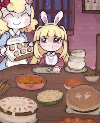 Rule 34 | 2girls, :t, animal ears, animal print, apron, bands, bib, blonde hair, blue dress, blue eyes, blunt bangs, blush, bow, bowl, bowl stack, buttons, cake, carrot, carrot cake, carrot print, collared dress, colored skin, cookie, crying, drawing (object), dress, fake animal ears, feeding, food, food print, force-feeding, freckles, furrowed brow, hair bow, highres, holding, holding spoon, holding tray, indoors, lobokoni, long hair, long sleeves, mashed potatoes, mittens, multiple girls, original, picture frame, pie, pink shirt, plate, rabbit ears, rabbit girl, rabbit print, red bow, salad, shirt, sidelocks, sitting, smile, spoon, standing, star (sky), tears, tray, tsurime, white mittens, white skin, window