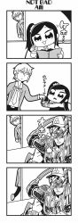 Rule 34 | 1girl, 2boys, 4koma, :&gt;, amane (honey come chatka!!), armor, bkub, book, candy, clenched hand, comic, dj copy and paste, ear piercing, earrings, fang, food, glasses, greyscale, hair between eyes, halftone, hat, highres, holding, holding book, honey come chatka!!, jacket, jewelry, komikado sachi, long hair, monochrome, multiple boys, necktie, one side up, open mouth, piercing, reading, shirt, short hair, side ponytail, sidelocks, simple background, speed lines, stud earrings, swept bangs, translation request, triangle mouth, two-tone background