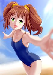 Rule 34 | 1girl, beach, blurry, brown hair, competition school swimsuit, depth of field, flat chest, foreshortening, green eyes, idolmaster, idolmaster (classic), long hair, md5 mismatch, one-piece swimsuit, outstretched arms, perspective, ponnetsu, resolution mismatch, school swimsuit, solo, source smaller, swimsuit, takatsuki yayoi, twintails