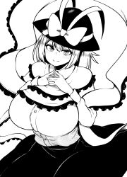 Rule 34 | 1girl, absurdres, bow, breasts, capelet, closed mouth, frilled capelet, frilled shawl, frills, hat, hat bow, high contrast, highres, himajin noizu, huge breasts, long sleeves, looking at viewer, monochrome, nagae iku, own hands together, shawl, shirt, short hair, simple background, skirt, smile, solo, touhou