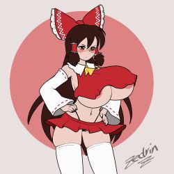 Rule 34 | 1girl, adapted costume, animated, animated gif, areola slip, black panties, blush, bouncing breasts, bow, breasts, brown hair, closed mouth, cowboy shot, crop top, dancing, detached sleeves, grey background, hair bow, hakurei reimu, hands on own hips, huge breasts, long hair, long sleeves, midriff, navel, nipple slip, nipples, nontraditional miko, panties, pleated skirt, red background, red eyes, red skirt, simple background, skirt, solo, standing, thighhighs, thong, touhou, underwear, white thighhighs, zedrin