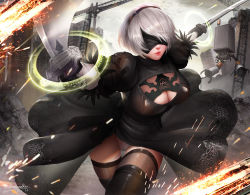 Rule 34 | 1girl, android, black thighhighs, blindfold, breasts, cleavage, cleavage cutout, clothing cutout, dated, elbow gloves, fur trim, gloves, hairband, holding, holding sword, holding weapon, large breasts, mole, mole under mouth, nier:automata, nier (series), pod (nier:automata), short hair, silver hair, simple background, solo, sword, thighhighs, turewindwalker, weapon, 2b (nier:automata)