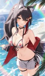 Rule 34 | 1girl, animal ear fluff, animal ears, beach, bikini, black choker, black hair, blue sky, breasts, choker, cloud, crossed bangs, day, hair ornament, highres, hololive, jacket, large breasts, looking at viewer, multicolored hair, ocean, off shoulder, ookami mio, ookami mio (hololive summer 2019), open fly, outdoors, parted lips, ponytail, red hair, shorts, sky, solo, streaked hair, swimsuit, thigh strap, thomas 8000, two-sided fabric, two-sided jacket, virtual youtuber, wet, white shorts, wolf ears, wolf girl, yellow eyes