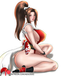 Rule 34 | 1girl, ass, breasts, brown eyes, brown hair, fatal fury, highres, huge breasts, large breasts, lipstick, long hair, makeup, nexus sig, ponytail, shiranui mai, sitting, snk, solo, the king of fighters, thong, wariza, white background