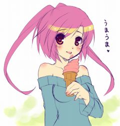 Rule 34 | 1girl, bare shoulders, blush, food, food on face, heart, ice cream, ice cream cone, komi zumiko, licking, off shoulder, original, pink hair, red hair, soft serve, solo, sweater