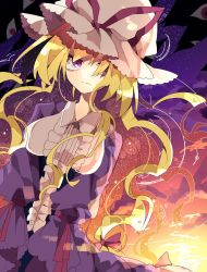 Rule 34 | 1girl, arm ribbon, blonde hair, bow, center frills, cloud, collared dress, commentary, dress, expressionless, frills, gap (touhou), hair bow, hair over one eye, hat, hat ribbon, highres, long hair, long sleeves, looking at viewer, mob cap, nikorashi-ka, own hands together, purple dress, purple eyes, red bow, red ribbon, ribbon, sky, solo, star (sky), starry sky, sunset, touhou, upper body, white hat, yakumo yukari
