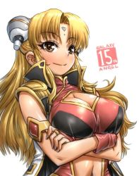 Rule 34 | 00s, 1girl, amania orz, armlet, blonde hair, bracelet, breasts, bridal gauntlets, brown eyes, center opening, cleavage cutout, clothing cutout, crossed arms, dress, facial mark, forehead mark, galaxy angel, hair ornament, hairpods, jewelry, large breasts, long hair, looking at viewer, navel cutout, ranpha franboise, simple background, solo, upper body, white background