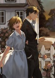 Rule 34 | 1boy, 1girl, absurdres, black hair, black jacket, black pants, blue dress, blue necktie, brown hair, bush, chiaki shin&#039;ichi, cigarette, closed mouth, dress, evening, closed eyes, fence, flower, hand in pocket, highres, holding, holding cigarette, house, jacket, long sleeves, looking at viewer, necktie, noda megumi, nodame cantabile, open mouth, outdoors, pants, pink flower, pink rose, rose, short hair, short sleeves, solo, teeth, upper teeth only, yuhuan