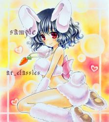 Rule 34 | 1girl, animal ears, at classics, bare shoulders, black hair, carrot, carrot necklace, female focus, inaba tewi, jewelry, marker (medium), necklace, pendant, rabbit ears, rabbit girl, rabbit tail, red eyes, sample watermark, short hair, sitting, solo, tail, touhou, traditional media, wariza, watermark