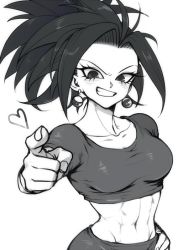 Rule 34 | 10s, 1girl, black eyes, black hair, blush, breasts, collarbone, commentary request, dragon ball, dragon ball super, earrings, eyebrows, eyelashes, female focus, fingernails, greyscale, grin, groin, hand on own hip, heart, jewelry, kefla (dragon ball), looking at viewer, monochrome, navel, pointing, pointing at viewer, ponytail, potara earrings, simple background, smile, solo, spiked hair, stomach, tank top, upper body, white background