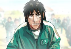 Rule 34 | 1boy, absurdres, black hair, blurry, blurry background, commentary, crossover, english commentary, eyebrows hidden by hair, green jacket, grey eyes, hair behind ear, highres, itou kaiji, jacket, kaiji, long hair, shirt, sobbi11, solo focus, squid game, track jacket, twitter username, v-shaped eyebrows, white shirt