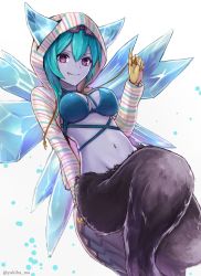 Rule 34 | 1girl, blue hair, blue skin, breasts, cleavage, closed mouth, colored skin, fang, female focus, hellice frost demon (p&amp;d), highres, hood, hoodie, horns, ice, long sleeves, looking at viewer, midriff, monster girl, navel, purple eyes, puzzle &amp; dragons, smile, solo, white background, wings, yukihama