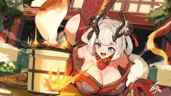 Rule 34 | 1girl, aqua eyes, bare shoulders, breasts, breath weapon, breathing fire, brown horns, chinese zodiac, claws, cleavage, commentary request, double bun, dragon girl, dragon horns, dragon tail, fire, hair bun, horns, japanese clothes, kimono, lansane, large breasts, lying, new year, on stomach, open mouth, original, print kimono, red kimono, sharp teeth, short hair, signature, solo, tail, teeth, white hair, year of the dragon