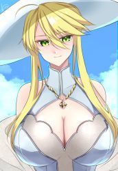 Rule 34 | 1girl, absurdres, ahoge, artoria pendragon (all), artoria pendragon (fate), artoria pendragon (swimsuit ruler) (fate), artoria pendragon (swimsuit ruler) (second ascension) (fate), bare shoulders, blonde hair, blue sky, blush, braid, breasts, cleavage cutout, clothing cutout, fate/grand order, fate (series), french braid, green eyes, hair between eyes, hair bun, hat, highres, jewelry, kankitsu kei, large breasts, long hair, looking at viewer, necklace, one-piece swimsuit, sidelocks, single hair bun, sky, smile, solo, sun hat, swimsuit, white hat, white one-piece swimsuit