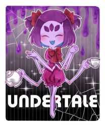 Rule 34 | 1girl, :d, ^ ^, arthropod girl, bare arms, blush, bow, bowtie, closed eyes, colored skin, copyright name, crossed legs, cup, extra arms, extra eyes, fangs, full body, hair bow, highres, holding, holding cup, insect girl, jumpsuit, miki masao, muffet, open mouth, outline, puffy short sleeves, puffy sleeves, purple hair, purple skin, red bow, red bowtie, short hair, short sleeves, silk, smile, solo, spider girl, spider web, standing, teacup, teapot, two side up, undertale, watson cross, white outline