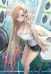 Rule 34 | 1girl, asuna (blue archive), black shorts, blonde hair, blue archive, blue bra, blue halo, book, bra, breasts, camisole, cleavage, dolphin shorts, doodle sensei (blue archive), dutch angle, grin, hair ornament, hairclip, halo, highres, indoors, large breasts, laundromat, laundry, laundry basket, leaning forward, leaning on table, long hair, looking at viewer, magazine (object), mole, mole on breast, r o ha, reflective floor, sensei (blue archive), shorts, smile, solo, standing, strap slip, table, thighs, underwear, very long hair, washing machine, white camisole