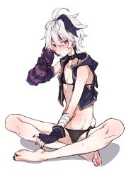 Rule 34 | 1girl, azuma shino, bandaged arm, bandages, barefoot, belt collar, bikini, black bikini, black choker, black hair, black nails, blush, choker, commentary request, detached sleeves, fingerless gloves, fingernails, flat chest, flower (vocaloid), flower (vocaloid4), full body, gloves, hair between eyes, hand up, highres, indian style, looking at viewer, multicolored hair, nail polish, navel, open clothes, open vest, parted lips, purple eyes, short hair, side-tie bikini bottom, simple background, single detached sleeve, single fingerless glove, sitting, solo, streaked hair, sweat, swimsuit, toenail polish, toenails, vest, vocaloid, white background, white hair