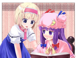 Rule 34 | 2girls, :d, a (aaaaaaaaaaw), aaaaaaaaaaw, alice margatroid, blonde hair, blue dress, blue eyes, blush, book, bow, capelet, chair, crescent, dress, female focus, hair bow, hairband, hand on shoulder, hat, long hair, mob cap, multiple girls, open mouth, patchouli knowledge, puffy short sleeves, puffy sleeves, purple eyes, purple hair, ribbon, short hair, short sleeves, sidelocks, sitting, smile, sweatdrop, touhou, yellow bow