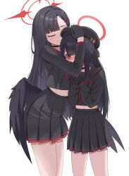 Rule 34 | 2girls, absurdres, asymmetrical bangs, beret, black choker, black gloves, black hair, black headwear, black serafuku, black wings, blue archive, blunt bangs, blush, choker, closed eyes, cropped shirt, feathered wings, gloves, halo, hand on another&#039;s head, hat, highres, hug, ichika (blue archive), justice task force member (blue archive), long hair, midriff, mint cat (a huu), multiple girls, neckerchief, own hands together, pleated skirt, red eyes, red halo, red neckerchief, school uniform, serafuku, simple background, skirt, smile, straight hair, very long hair, white background, wings