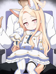 Rule 34 | 1boy, 1girl, animal ear fluff, animal ears, blonde hair, blue archive, blush, closed mouth, commentary request, detached sleeves, dress, extra ears, forehead, fox ears, fox girl, halo, highres, paid reward available, pantyhose, red eyes, seia (blue archive), sitting, sitting on lap, sitting on person, sleeveless, sleeveless dress, sleeves past fingers, sleeves past wrists, smile, variant set, white dress, white pantyhose, white sleeves, yellow halo, yuuma (skirthike)