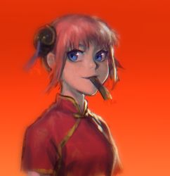 Rule 34 | 1girl, blue eyes, breasts, bun cover, china dress, chinese clothes, closed mouth, dress, female focus, gintama, godzillapigeon1, gradient background, happy, kagura (gintama), looking to the side, mouth hold, pink hair, red background, red dress, short hair, short sleeves, sidelocks, simple background, small breasts, smile, solo, upper body