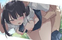 Rule 34 | 1boy, 1girl, arm under breasts, bent over, black hair, blue skirt, blush, breasts, clothed sex, clothes pull, fujiyama, grey eyes, hetero, long hair, medium breasts, nipples, open mouth, original, pants, pants pull, school uniform, sex, sex from behind, shirt, short sleeves, skirt, standing, standing sex, sweat, white shirt