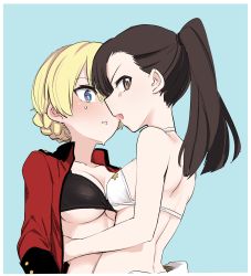 Rule 34 | 2girls, aomushi (mushamusha), aqua background, back, black bra, black hair, blonde hair, blue eyes, bra, braid, breasts, brown eyes, cleavage, clothes pull, collarbone, commentary, couple, darjeeling (girls und panzer), eyebrows hidden by hair, from behind, girls und panzer, hair tie, hair up, hand on another&#039;s hip, heart, heart-shaped pupils, highres, hug, imminent kiss, jacket, jacket pull, large breasts, long hair, looking at another, looking at viewer, looking back, medium breasts, midriff, military jacket, multiple girls, naughty face, neck, nishi kinuyo, open mouth, parted lips, ponytail, red jacket, short hair, simple background, smile, sweat, symbol-shaped pupils, underboob, underwear, upper body, white bra, yuri