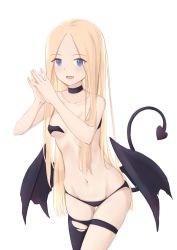Rule 34 | 1girl, :d, abigail williams (fate), asymmetrical legwear, bad id, bad pixiv id, black choker, black panties, black thighhighs, black wings, blonde hair, blue eyes, blush, breasts, choker, collarbone, commentary request, demon girl, demon tail, demon wings, fang, fate/grand order, fate (series), fingernails, forehead, groin, hands up, highres, jilu, long hair, looking at viewer, low wings, navel, open mouth, panties, parted bangs, revealing clothes, simple background, single thighhigh, small breasts, smile, solo, steepled fingers, tail, tail raised, thigh strap, thighhighs, torn clothes, torn thighhighs, underwear, uneven legwear, very long hair, white background, wings