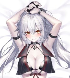 Rule 34 | 1girl, ahoge, armpits, arms up, bare shoulders, belt, bikini, bikini top only, blush, breasts, cleavage, collarbone, dakimakura (medium), fate/grand order, fate (series), grin, jeanne d&#039;arc (fate), jeanne d&#039;arc alter (fate), jeanne d&#039;arc alter (mystery treasure) (fate), kanjichou dairi, large breasts, long hair, looking at viewer, mystery treasure, official alternate costume, ponytail, silver hair, smile, solo, swimsuit, very long hair, yellow eyes