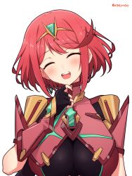 Rule 34 | 1girl, black gloves, breasts, chest jewel, earrings, fingerless gloves, gem, gloves, head tilt, headpiece, highres, jewelry, large breasts, mochimochi (xseynao), pyra (xenoblade), red hair, short hair, simple background, smile, solo, swept bangs, tiara, white background, xenoblade chronicles (series), xenoblade chronicles 2