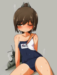 Rule 34 | 10s, 1girl, :|, arms behind back, bad id, bad pixiv id, bare shoulders, blue one-piece swimsuit, blush, brown eyes, brown hair, closed mouth, covered navel, cowboy shot, crotch, damaged, dirty, flat chest, grey background, hair ornament, half-closed eyes, high ponytail, i-401 (kancolle), kantai collection, konohana saku, leaning back, off shoulder, one-piece swimsuit, one eye closed, personification, ponytail, school swimsuit, school uniform, scrape, serafuku, shirt, short hair, short ponytail, simple background, sitting, sleeveless, sleeveless shirt, solo, spread legs, steam, submarine, sweat, swimsuit, swimsuit under clothes, tan, tanline, torn clothes, torn shirt, torn swimsuit, watercraft, wavy mouth, wet, wet clothes, wince, wink