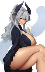 Rule 34 | 1girl, alcohol, animal ears, bare legs, blush, breasts, champagne, commission, crossed legs, facial mark, from side, gloves, grey hair, highres, horns, large breasts, long hair, long sleeves, looking at viewer, looking to the side, mole, mole under eye, original, parted lips, purple eyes, simple background, sitting, skeb commission, smile, suruga (xsurugax), thighs, white background, white gloves