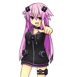 Rule 34 | 1girl, adult neptune, blush, breasts, d-pad, female focus, hair ornament, highres, hood, hooded track jacket, jacket, long hair, looking at viewer, medium breasts, navel, neptune (neptunia), neptune (series), open mouth, purple eyes, purple hair, solo, track jacket