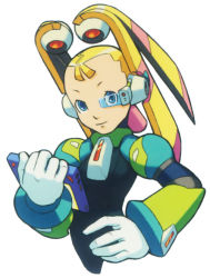 Rule 34 | 1girl, android, blonde hair, blue eyes, bodysuit, capcom, drawing tablet, flat chest, gloves, hair ornament, hand on own hip, holding, light smile, long hair, looking at viewer, mega man (series), mega man x8, mega man x (series), official art, pallette (mega man), robot ears, simple background, smile, solo, twintails, upper body, visor, white background, yoshikawa tatsuya