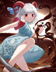 Rule 34 | 1girl, bare legs, barefoot, blue dress, commentary request, curly hair, detached sleeves, dress, earrings, eye print, grin, highres, horizontal pupils, horn ornament, horn ribbon, horns, imoutochiru, jewelry, meandros, oil, oversized object, patterned clothing, pointy ears, rectangular pupils, red eyes, red horns, red sleeves, ribbon, sharp teeth, sheep horns, smile, teeth, touhou, sunken fossil world, toutetsu yuuma, utensil, v-shaped eyebrows, white hair