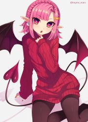 Rule 34 | 1girl, :o, bandaid, bandaid hair ornament, bat wings, black pantyhose, demon girl, demon tail, earrings, fang, grey background, hair ornament, heart, heart-shaped pupils, highres, jewelry, long sleeves, marota, open mouth, original, pantyhose, pink hair, pointy ears, red eyes, red sweater, simple background, solo, sweater, symbol-shaped pupils, tail, twitter username, wings