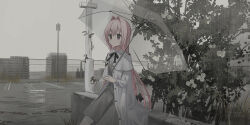 Rule 34 | 1girl, black bow, blush, bow, braid, building, chain-link fence, chihuri, closed mouth, collared shirt, commentary request, dress shirt, fence, flower, grey skirt, grey vest, hair between eyes, hair bow, hair intakes, highres, holding, holding umbrella, jacket, long hair, long sleeves, nea (chihuri), open clothes, open jacket, original, outdoors, overcast, pantyhose, pink hair, purple eyes, rose, shirt, sitting, skirt, sky, solo, transparent, transparent umbrella, umbrella, very long hair, vest, white flower, white jacket, white pantyhose, white rose, white shirt
